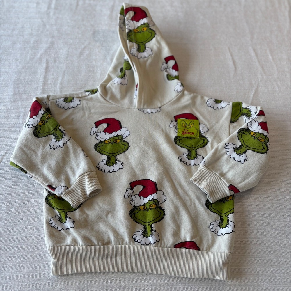The Grinch Dr Seuss Kids Beige All Over Print Santa Hat Hoodie Sweatshirt 5T